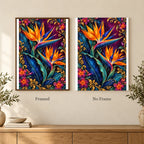 Framed and no-frame options for the Bird of Paradise Indigo Leaves diamond painting