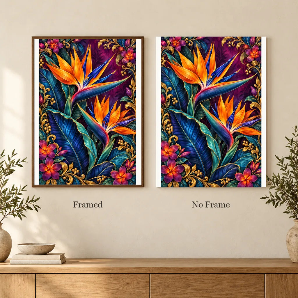 Framed and no-frame options for the Bird of Paradise Indigo Leaves diamond painting