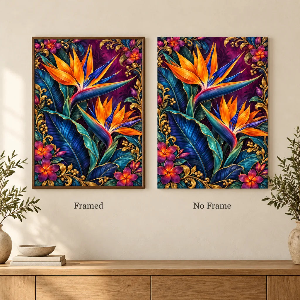Framed and no-frame options for the Bird of Paradise Indigo Leaves diamond painting