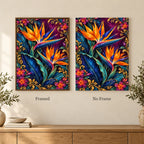 Framed and no-frame options for the Bird of Paradise Indigo Leaves diamond painting