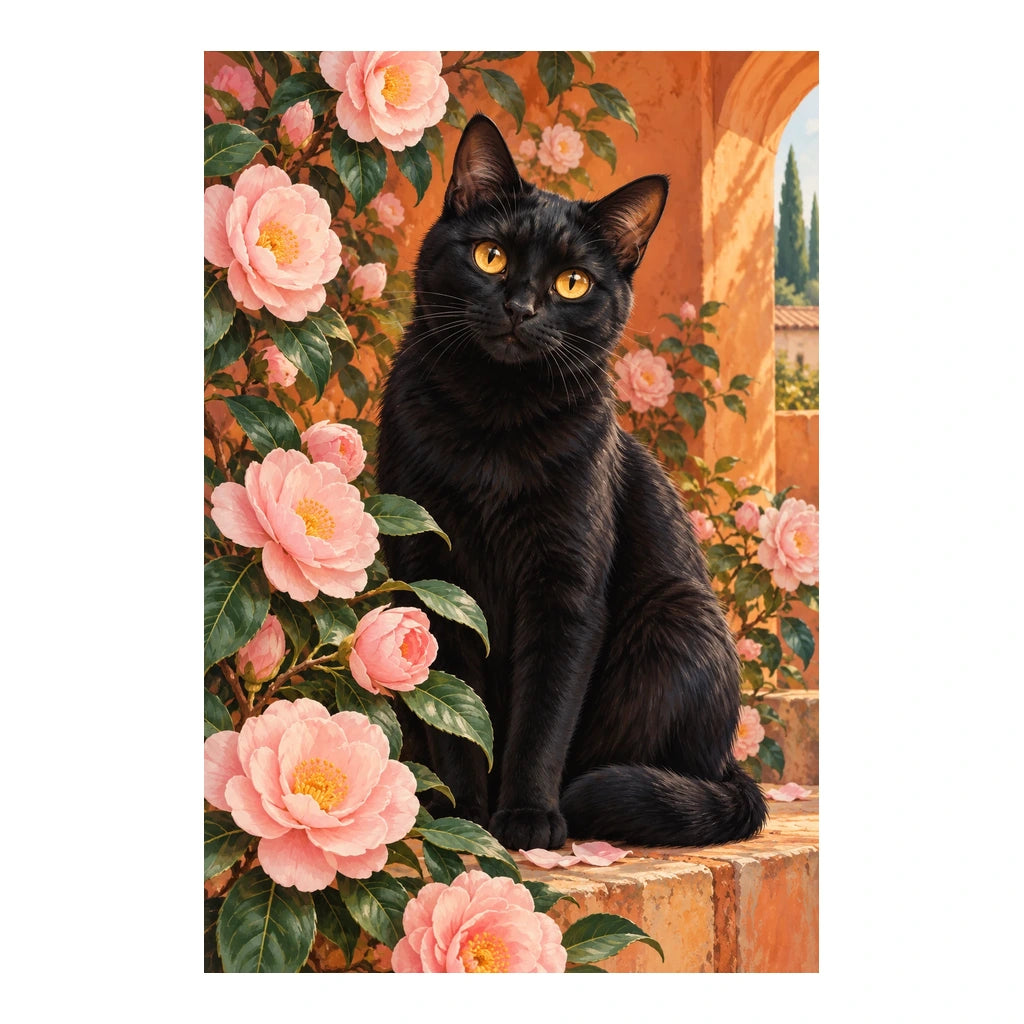 Black cat among pink camellias: original artwork on a clean white background