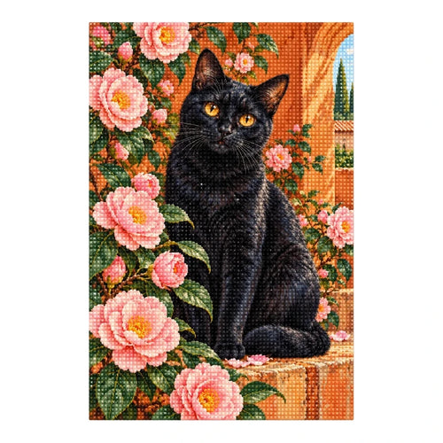 Black cat among pink camellias: finished diamond painting on a clean white background
