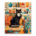 Black Cat in Cozy Kitchen paint by numbers artwork on a front-facing canvas against a white background