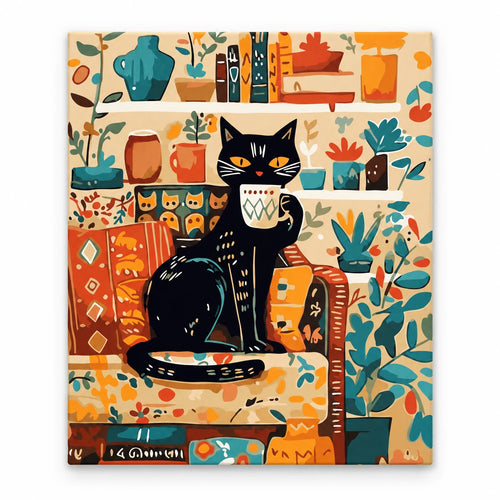 Black Cat in Cozy Kitchen paint by numbers artwork on a front-facing canvas against a white background