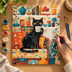 Complete Black Cat in Cozy Kitchen numbered canvas being painted with acrylic paints and brushes