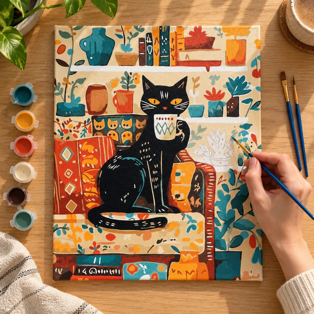 Complete Black Cat in Cozy Kitchen numbered canvas being painted with acrylic paints and brushes