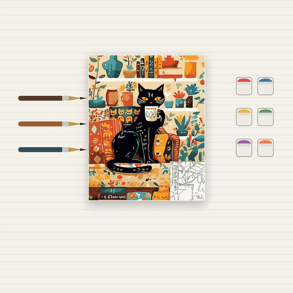 Complete Black Cat in Cozy Kitchen numbered canvas being painted with acrylic paints and brushes