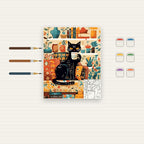Complete Black Cat in Cozy Kitchen numbered canvas being painted with acrylic paints and brushes