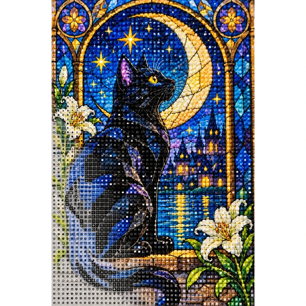 Black Cat Crescent Moon Diamond Painting Kit — canvas and drill material detail