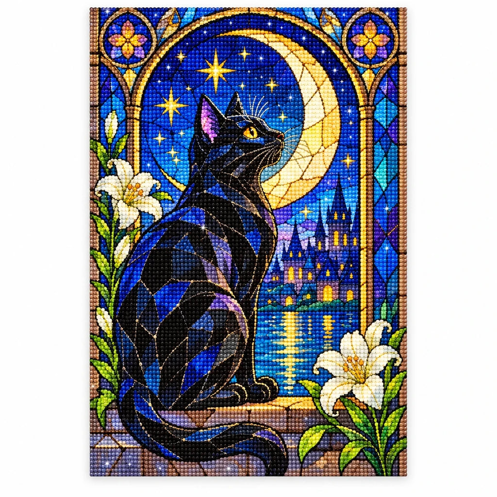 Black Cat Crescent Moon Diamond Painting Kit — finished diamond painting on white background