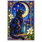 Black Cat Crescent Moon Diamond Painting Kit — finished diamond painting on white background