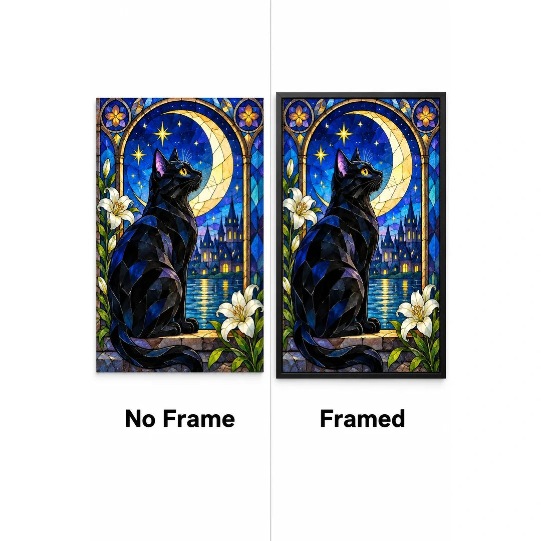 Black Cat Crescent Moon Diamond Painting Kit — No Frame and Framed style comparison