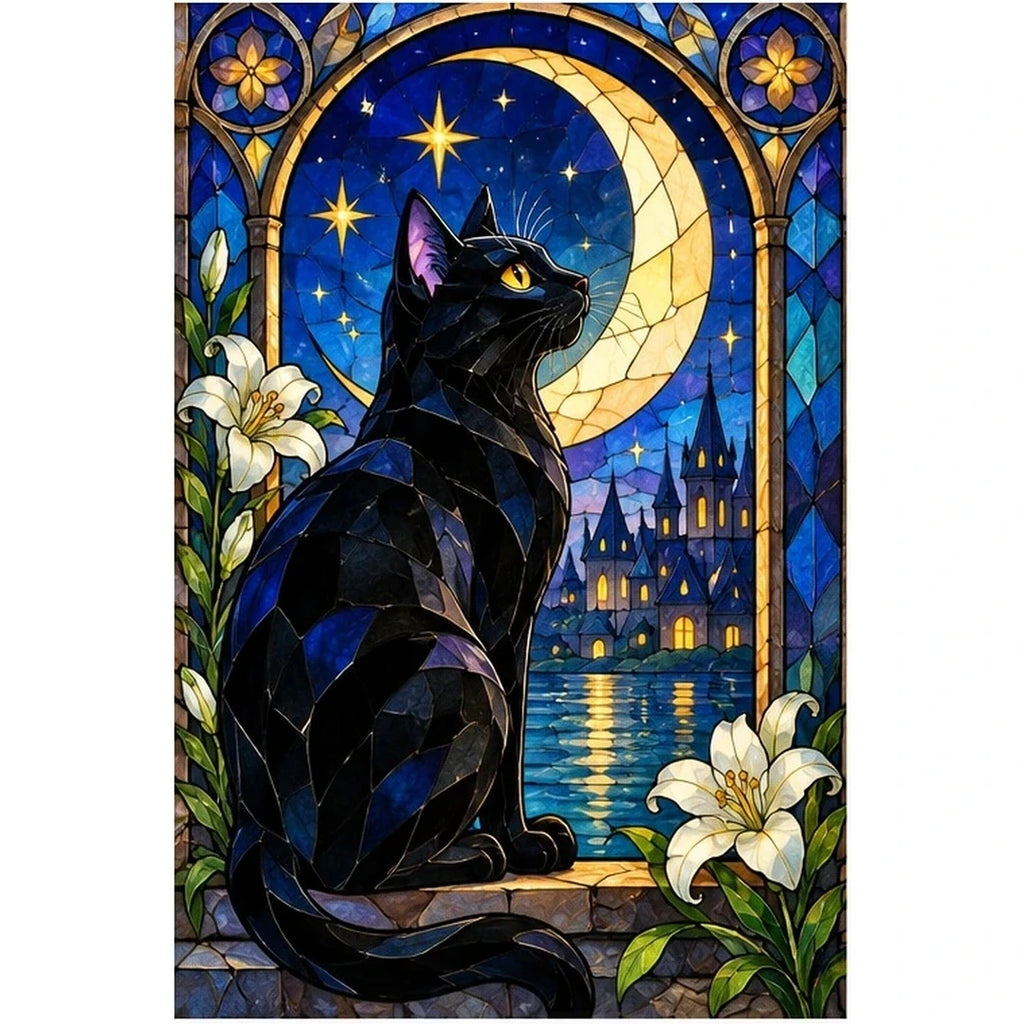 Black Cat Crescent Moon Diamond Painting Kit — original white-background artwork