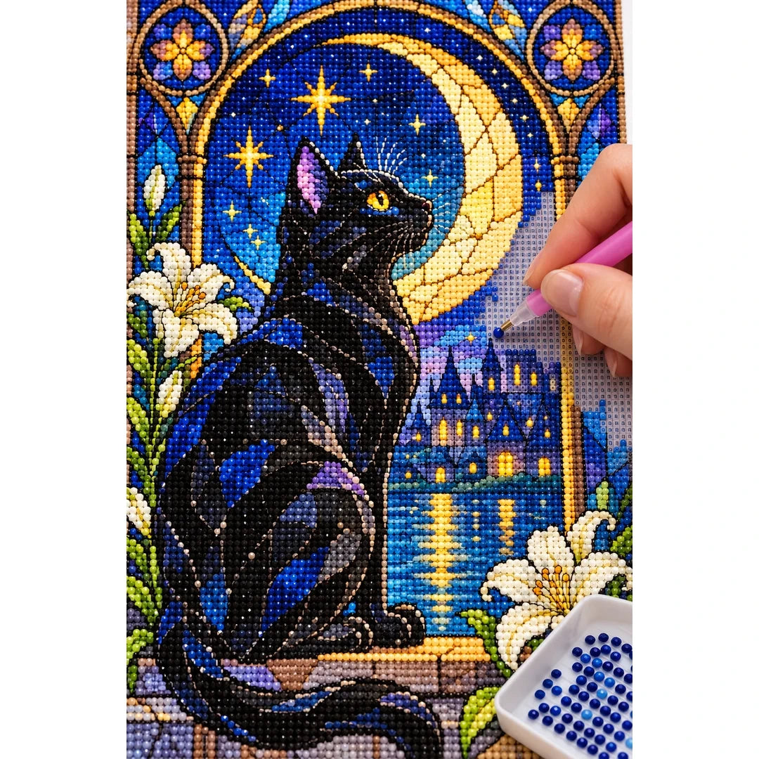 Black Cat Crescent Moon Diamond Painting Kit — diamond painting application process