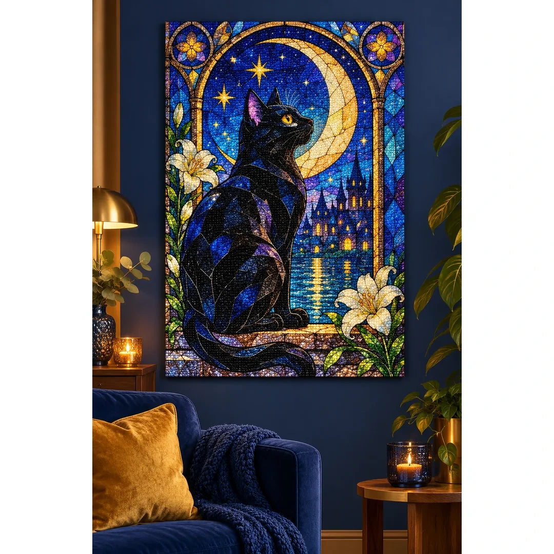 Black Cat Crescent Moon Diamond Painting Kit — finished diamond painting in a home setting