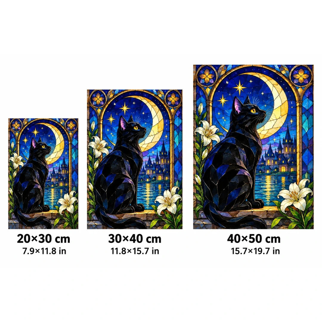 Black Cat Crescent Moon Diamond Painting Kit — 20 by 30, 30 by 40, and 40 by 50 centimeter size guide
