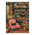 White-background original artwork of a black cat in a flower-filled library