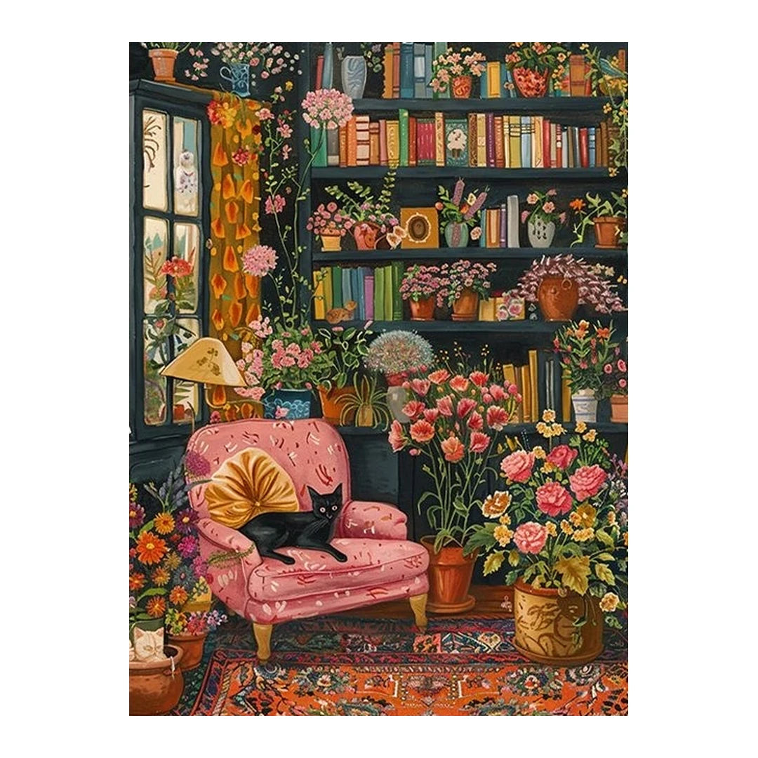 White-background original artwork of a black cat in a flower-filled library