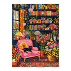 White-background diamondized artwork of a black cat in a flower-filled library