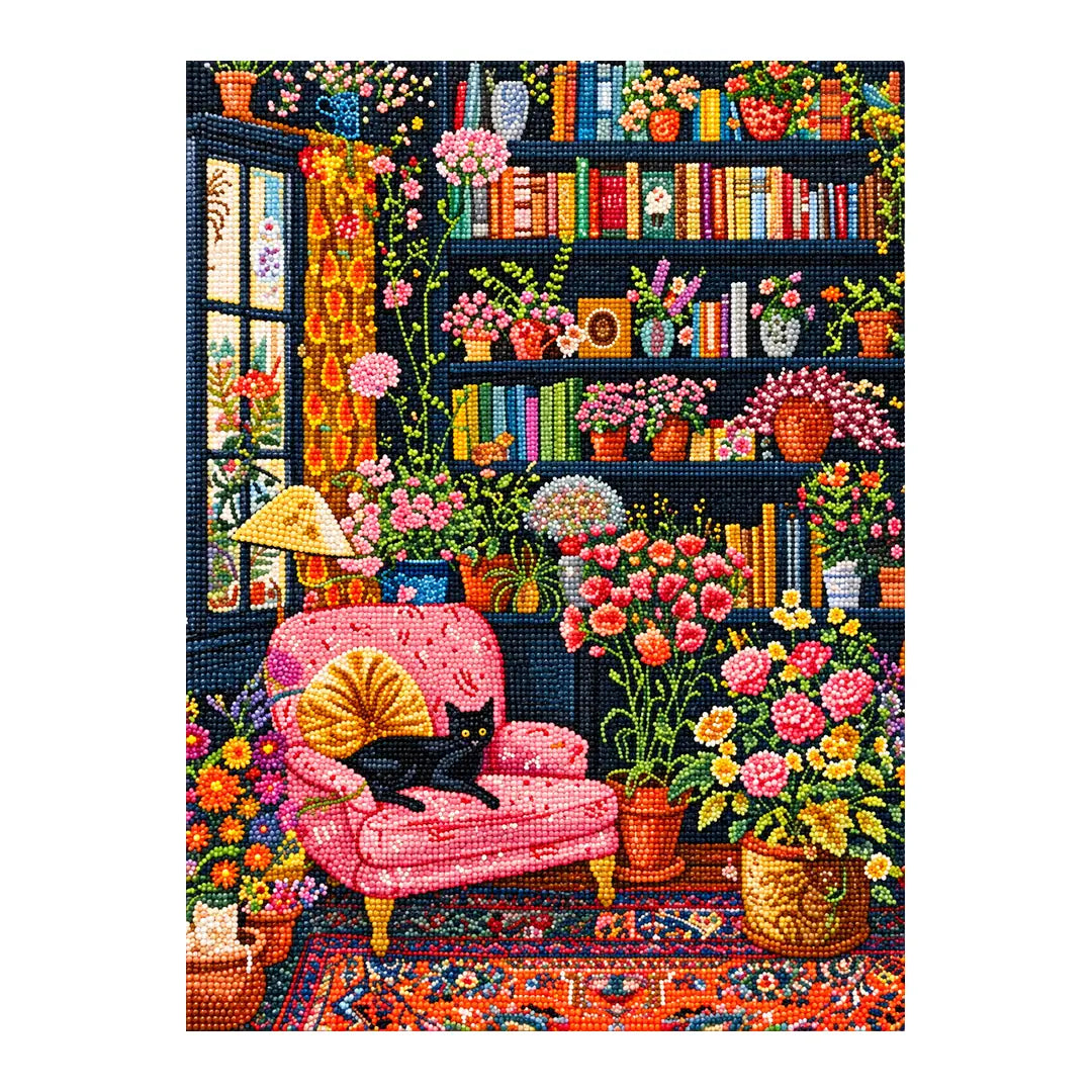 White-background diamondized artwork of a black cat in a flower-filled library