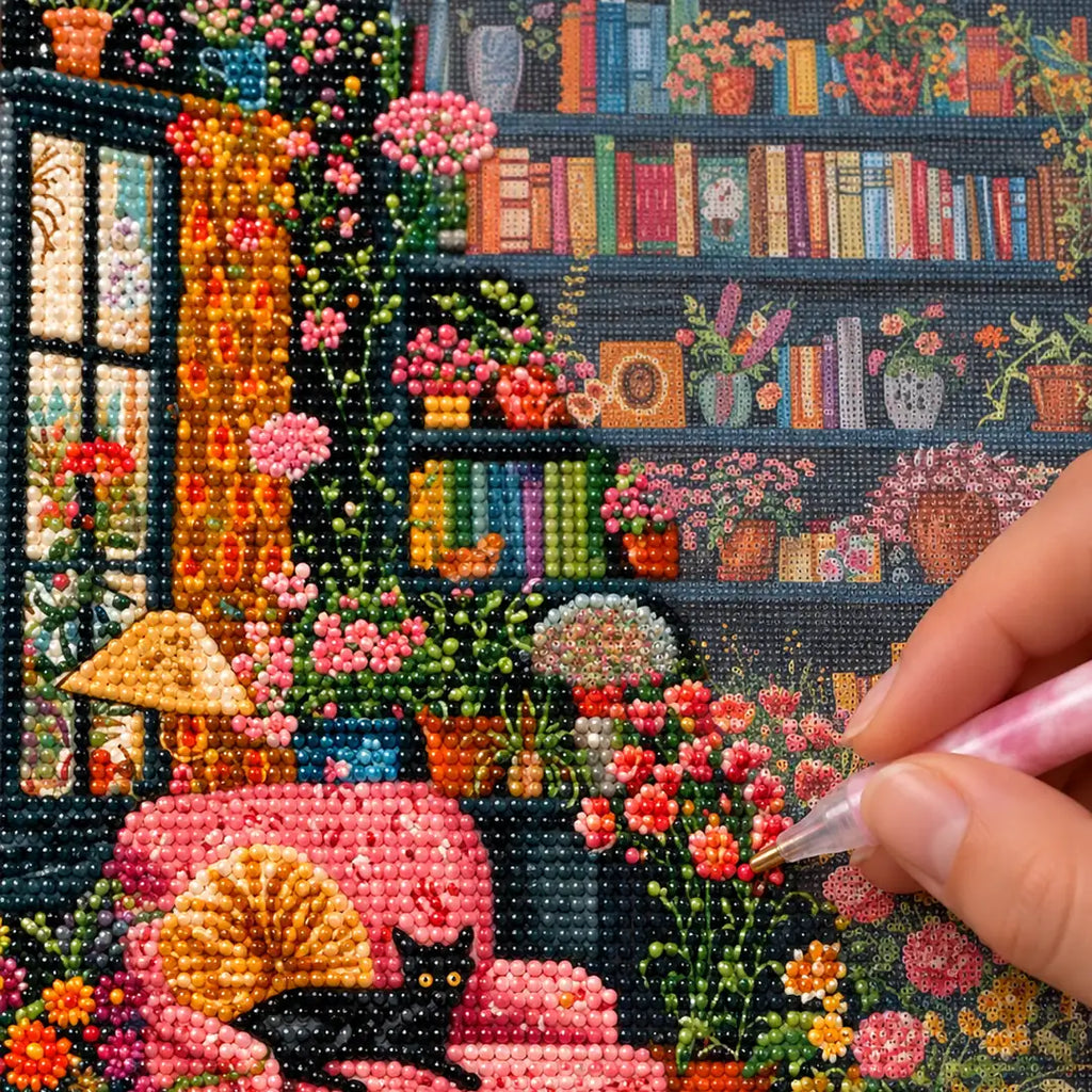 Diamond painting process showing a black cat in a floral library being completed with a stylus