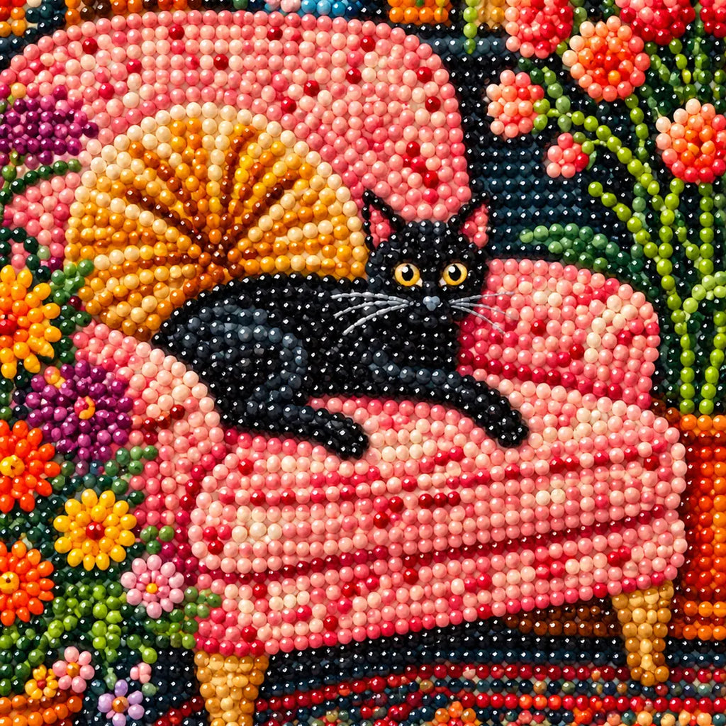 Close-up diamond drill detail of a black cat resting among floral library decor