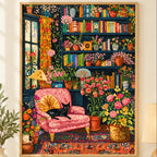 Black cat in a floral library diamond painting displayed as home decor