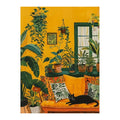 White-background original artwork of a black cat lounging in a golden room filled with houseplants