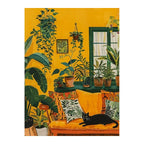 White-background original artwork of a black cat lounging in a golden room filled with houseplants