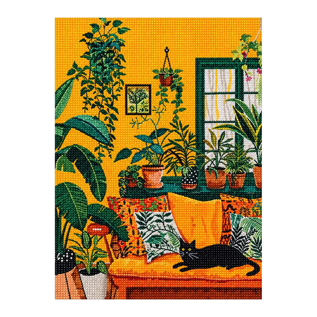 White-background diamondized artwork of a black cat lounging in a golden room filled with houseplants