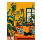 White-background diamondized artwork of a black cat lounging in a golden room filled with houseplants
