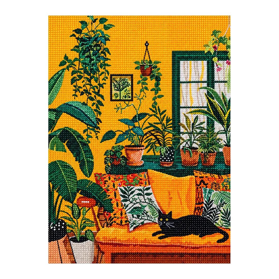 White-background diamondized artwork of a black cat lounging in a golden room filled with houseplants