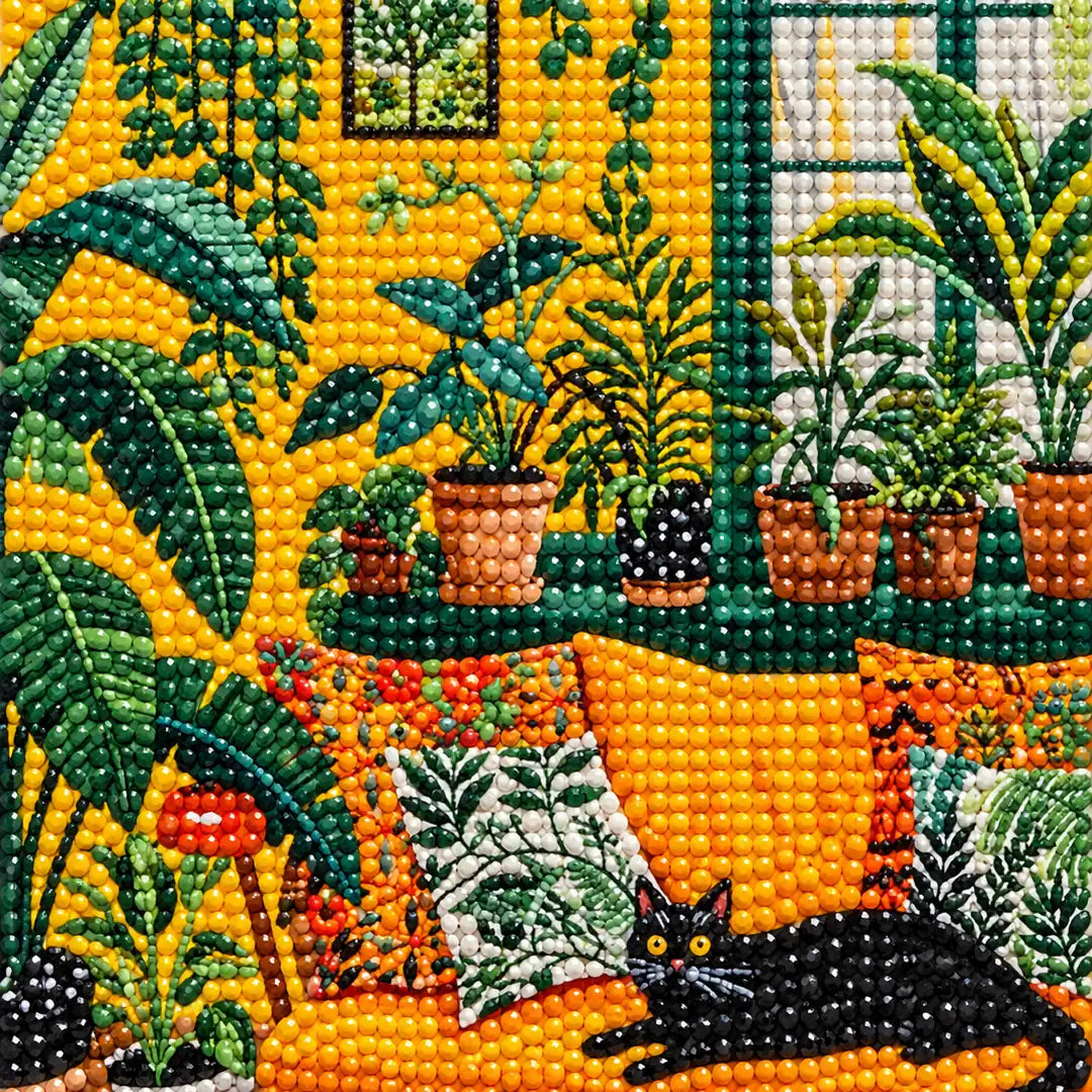 Close-up diamond drill detail of a black cat among leafy houseplants