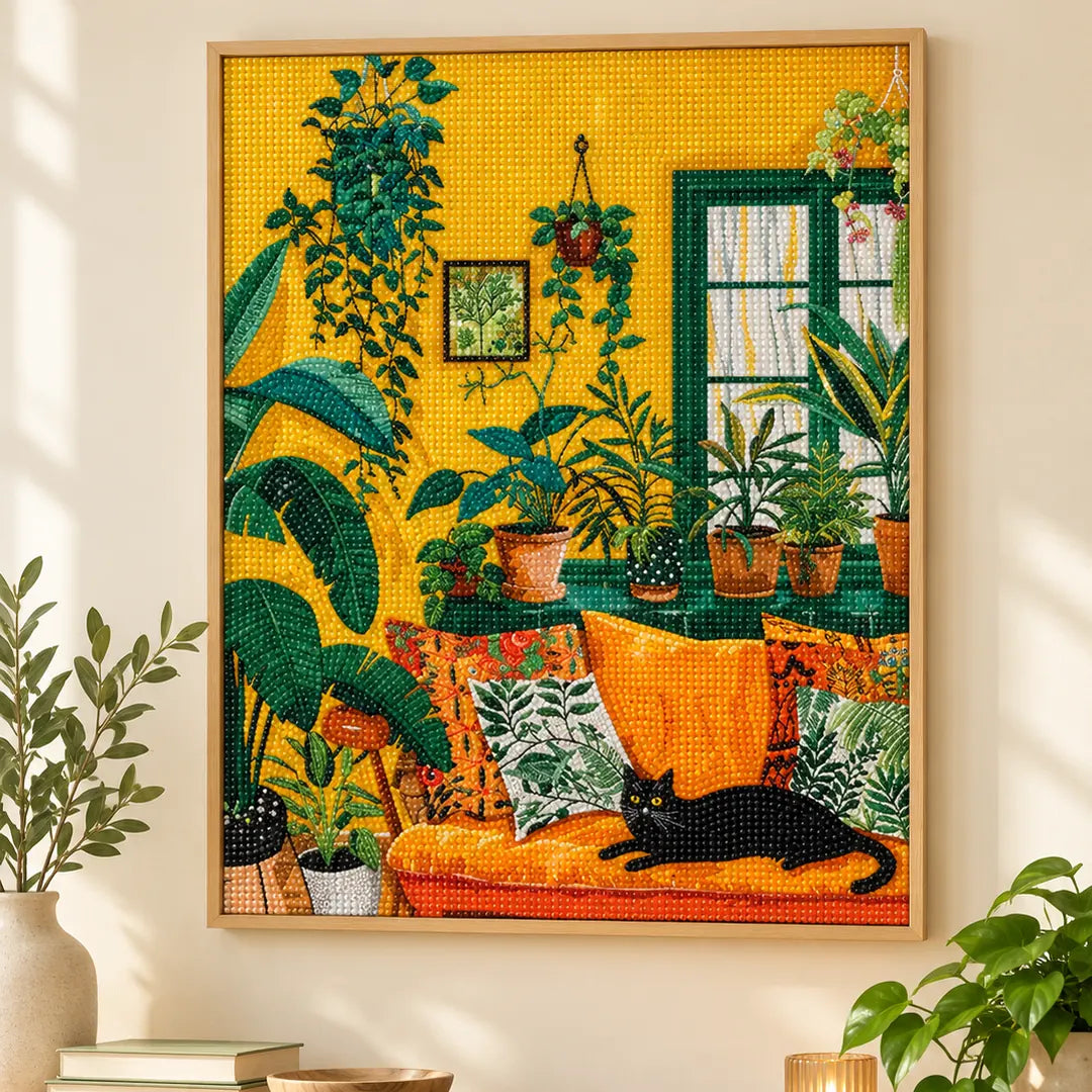 Black cat in a golden plant room diamond painting displayed as home decor