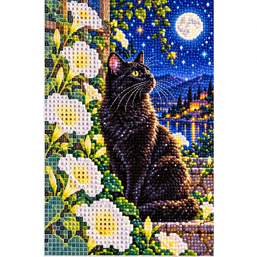 Black Cat Luminous Moonflowers Diamond Painting Kit — canvas and drill material detail
