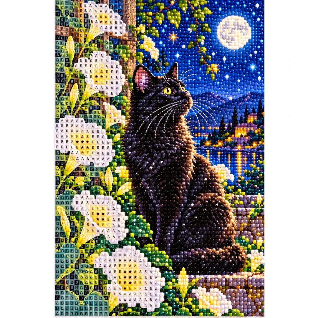 Black Cat Luminous Moonflowers Diamond Painting Kit — canvas and drill material detail