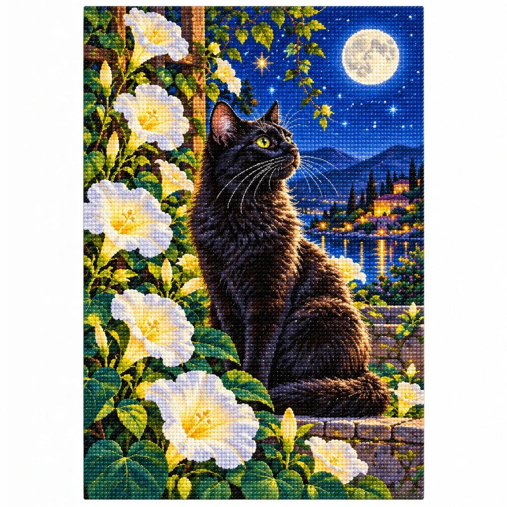 Black Cat Luminous Moonflowers Diamond Painting Kit — finished diamond painting on white background