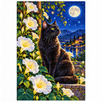 Black Cat Luminous Moonflowers Diamond Painting Kit — finished diamond painting on white background