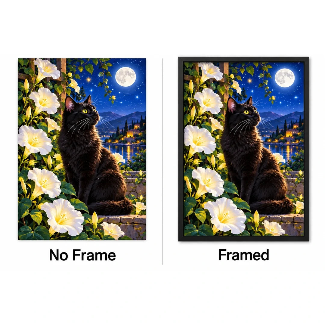 Black Cat Luminous Moonflowers Diamond Painting Kit — No Frame and Framed style comparison