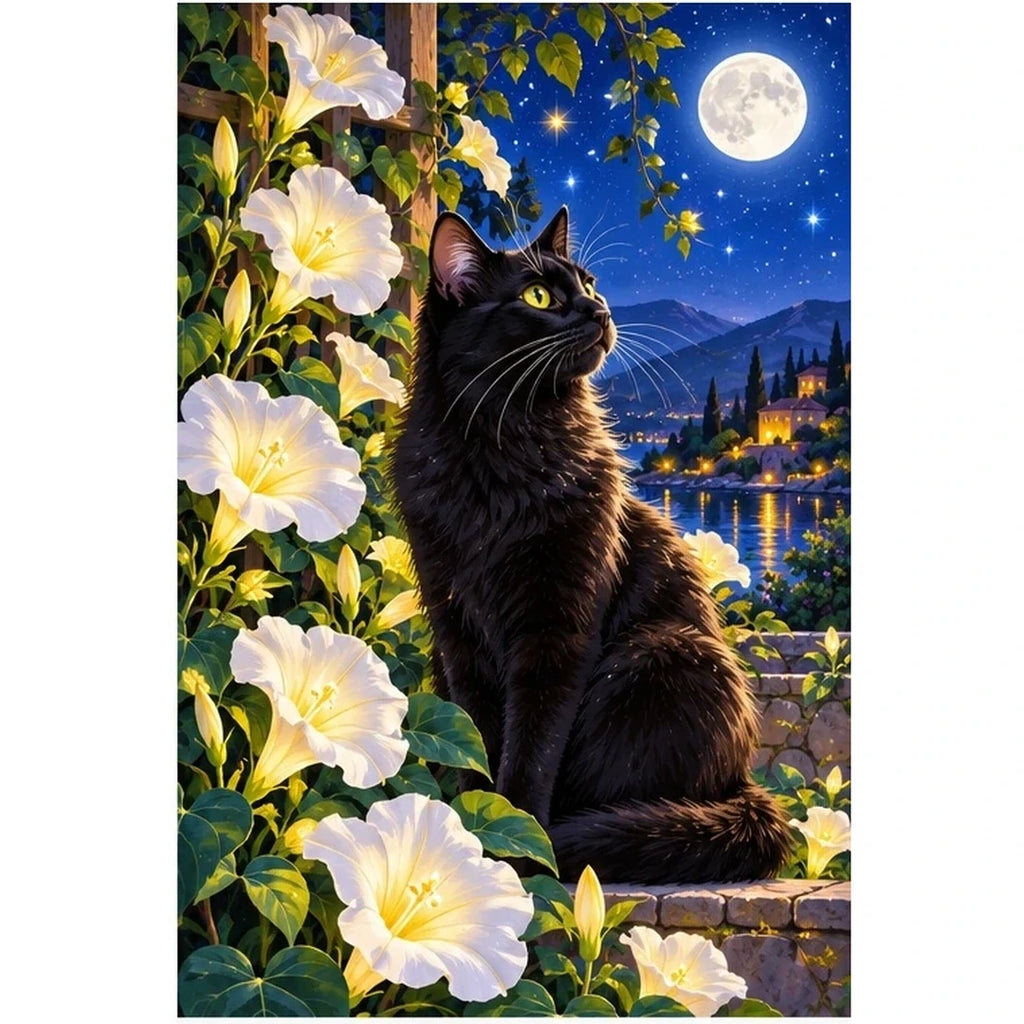 Black Cat Luminous Moonflowers Diamond Painting Kit — original white-background artwork