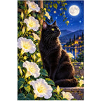 Black Cat Luminous Moonflowers Diamond Painting Kit — original white-background artwork