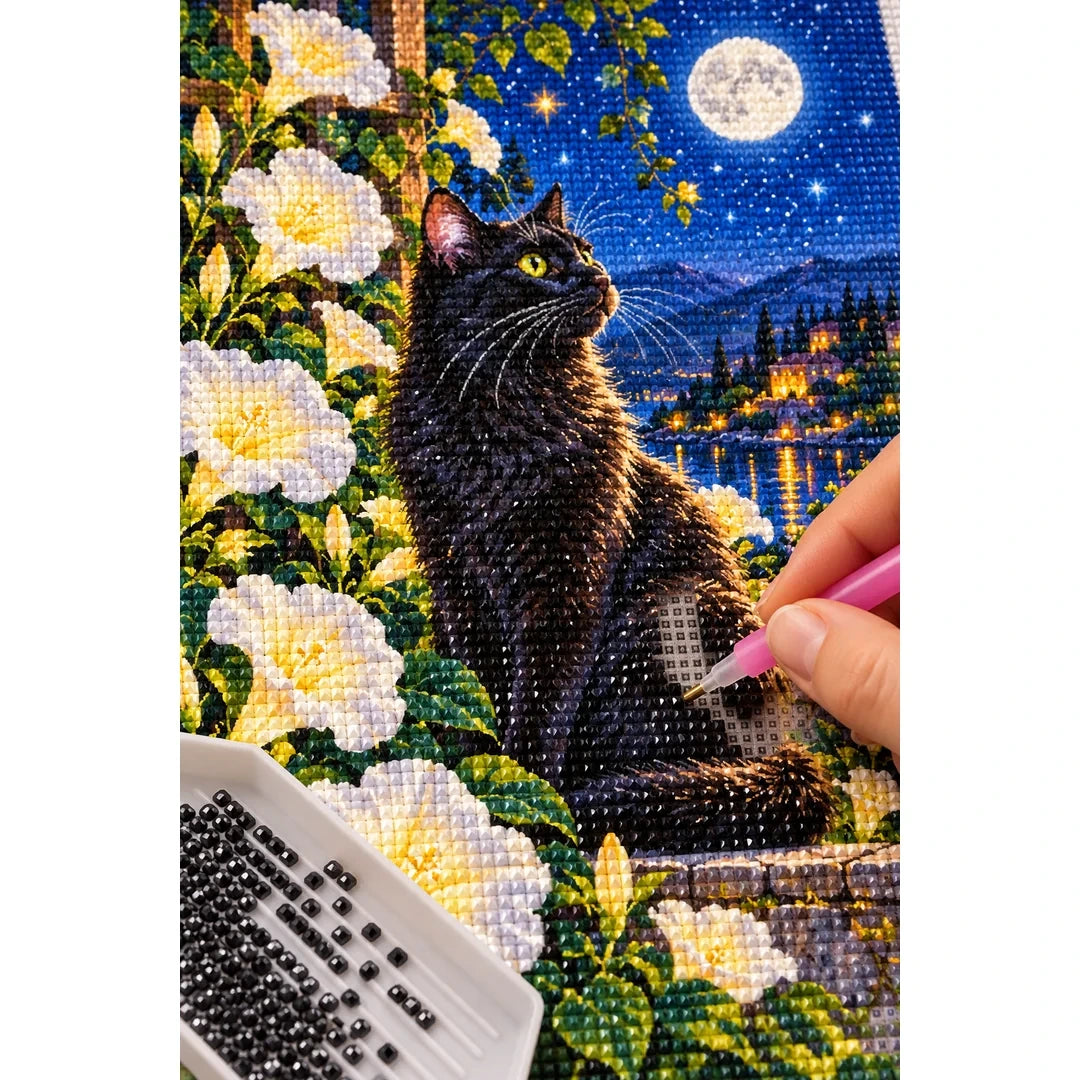 Black Cat Luminous Moonflowers Diamond Painting Kit — diamond painting application process
