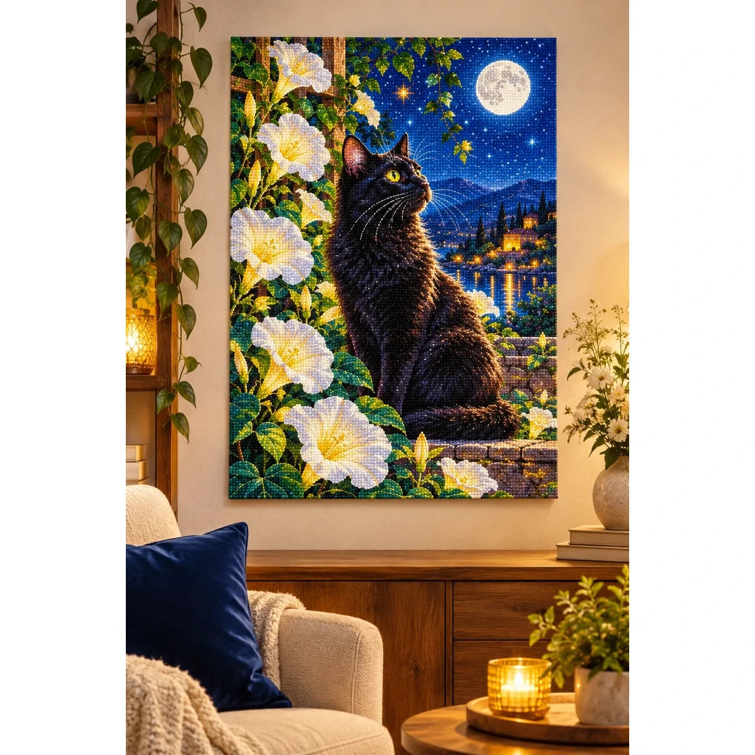 Black Cat Luminous Moonflowers Diamond Painting Kit — finished diamond painting in a home setting