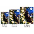 Black Cat Luminous Moonflowers Diamond Painting Kit — 20 by 30, 30 by 40, and 40 by 50 centimeter size guide