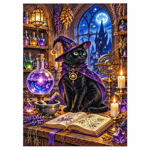 Black Cat Mystic Library Diamond Painting Kit finished diamond artwork on white background