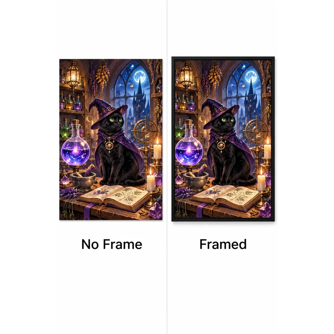 Black Cat Mystic Library Diamond Painting Kit No Frame and Framed comparison