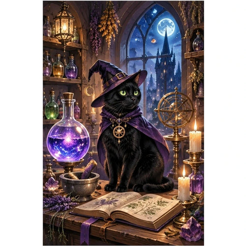 Black Cat Mystic Library Diamond Painting Kit original artwork on white background