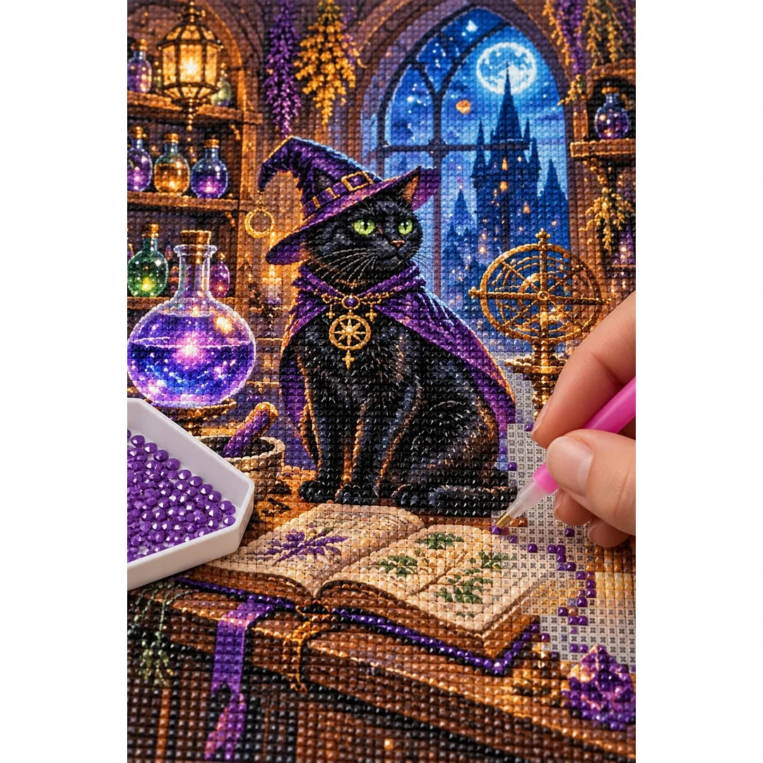 Black Cat Mystic Library Diamond Painting Kit diamond placement process