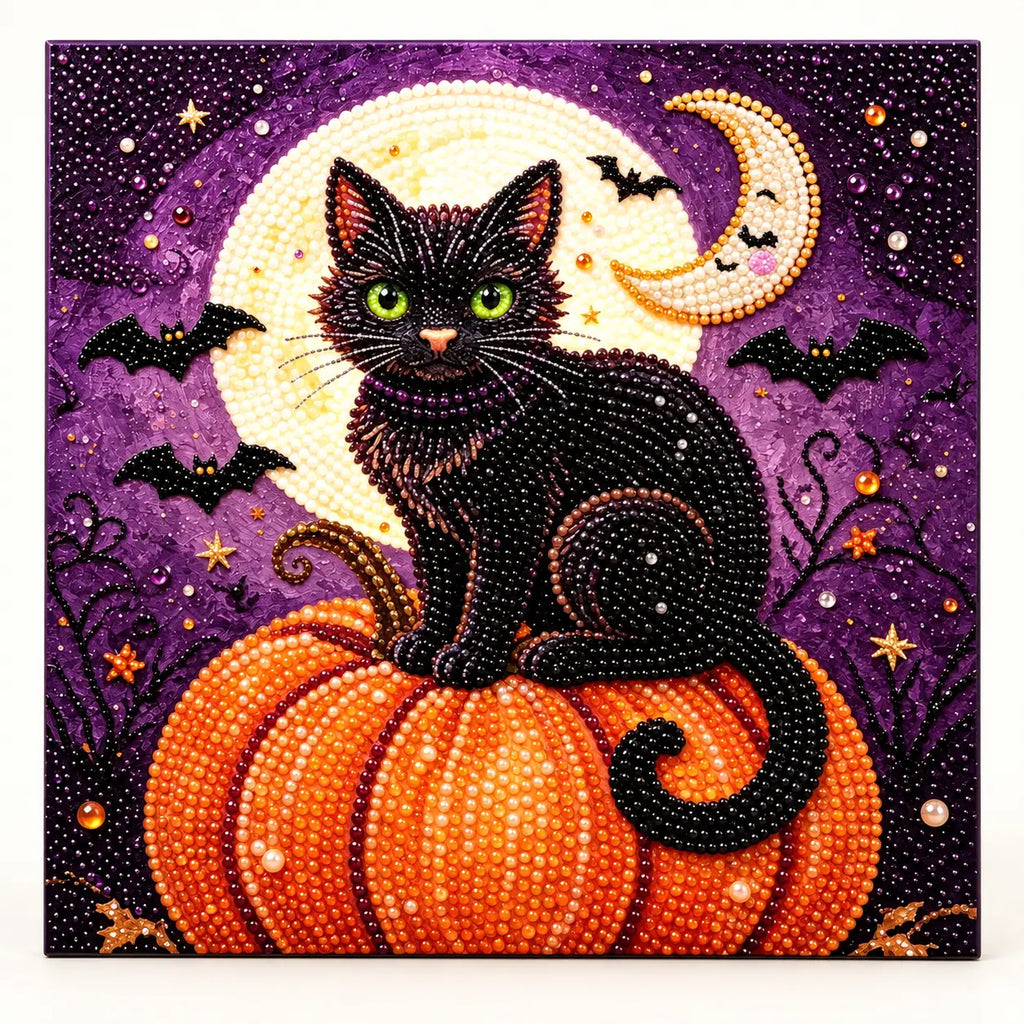 Black Cat Pumpkin Moon Pearl Diamond Painting Kit hero image