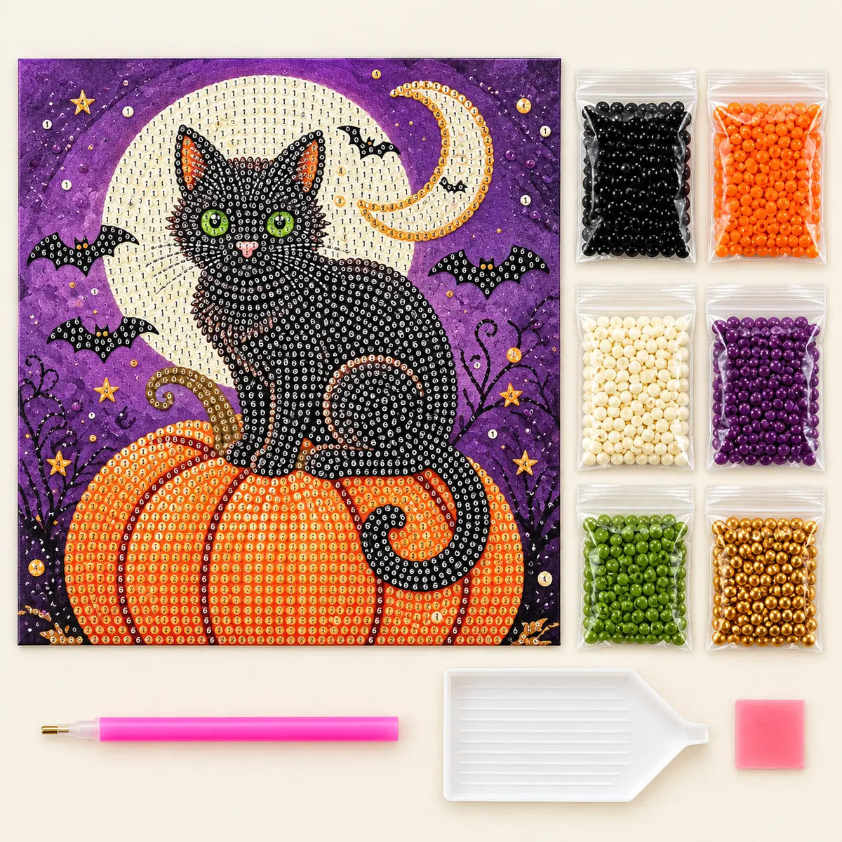 Black Cat Pumpkin Moon Pearl Diamond Painting Kit kit image